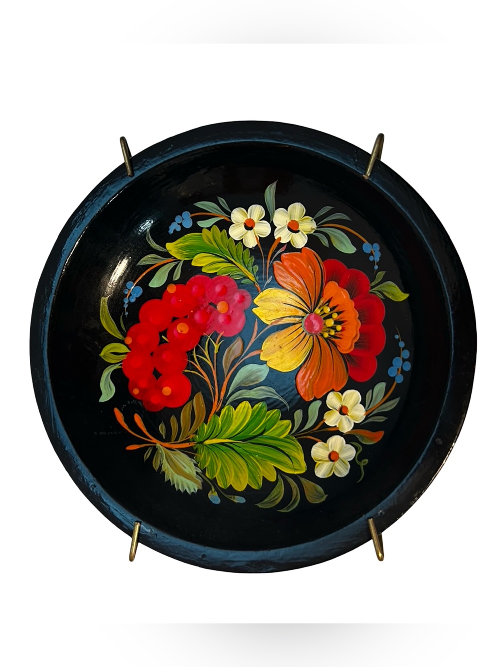 Hand-Painted Floral Decorative Wood Plate - Russian Folk Decor